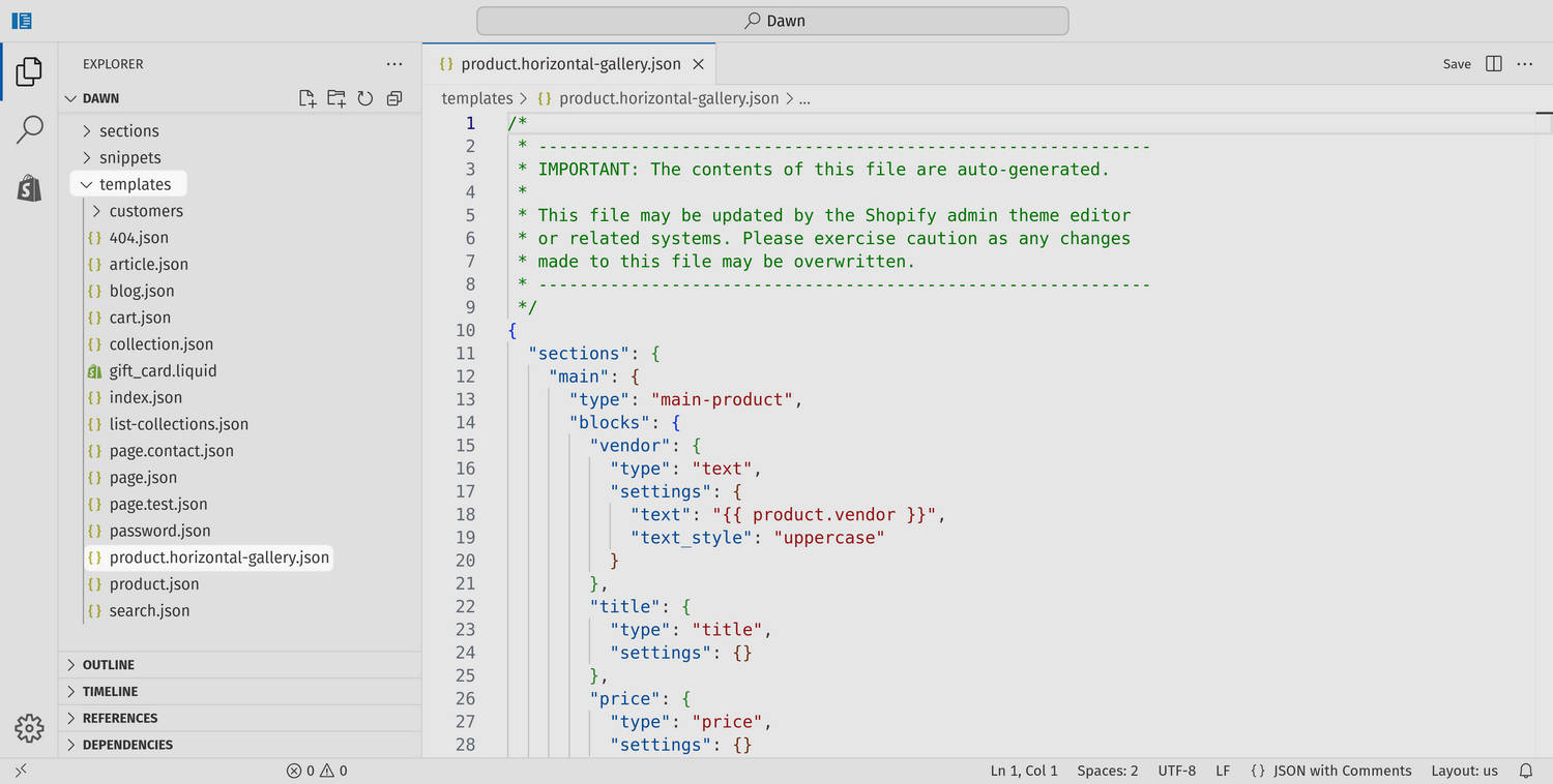 The Horizontal gallery JSON file open in Code editor.