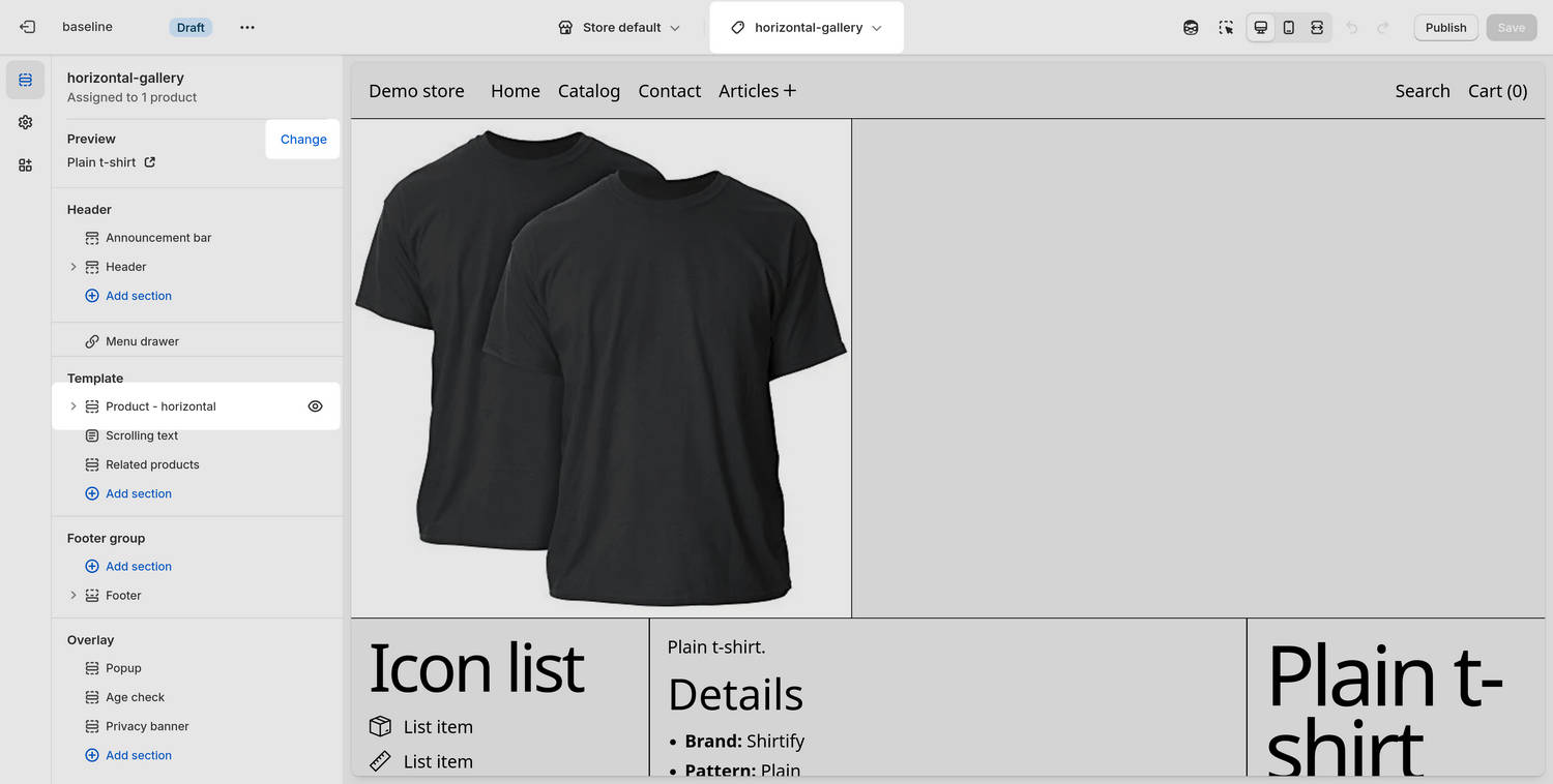 The Product - horizontal section in Theme editor.