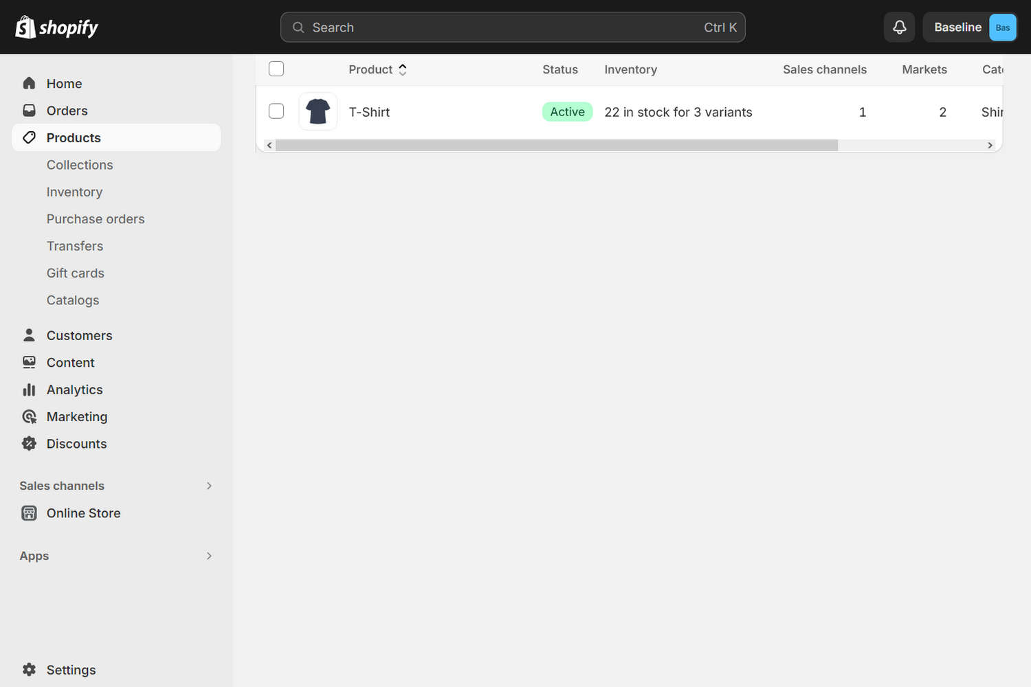 An example product selected from the products list