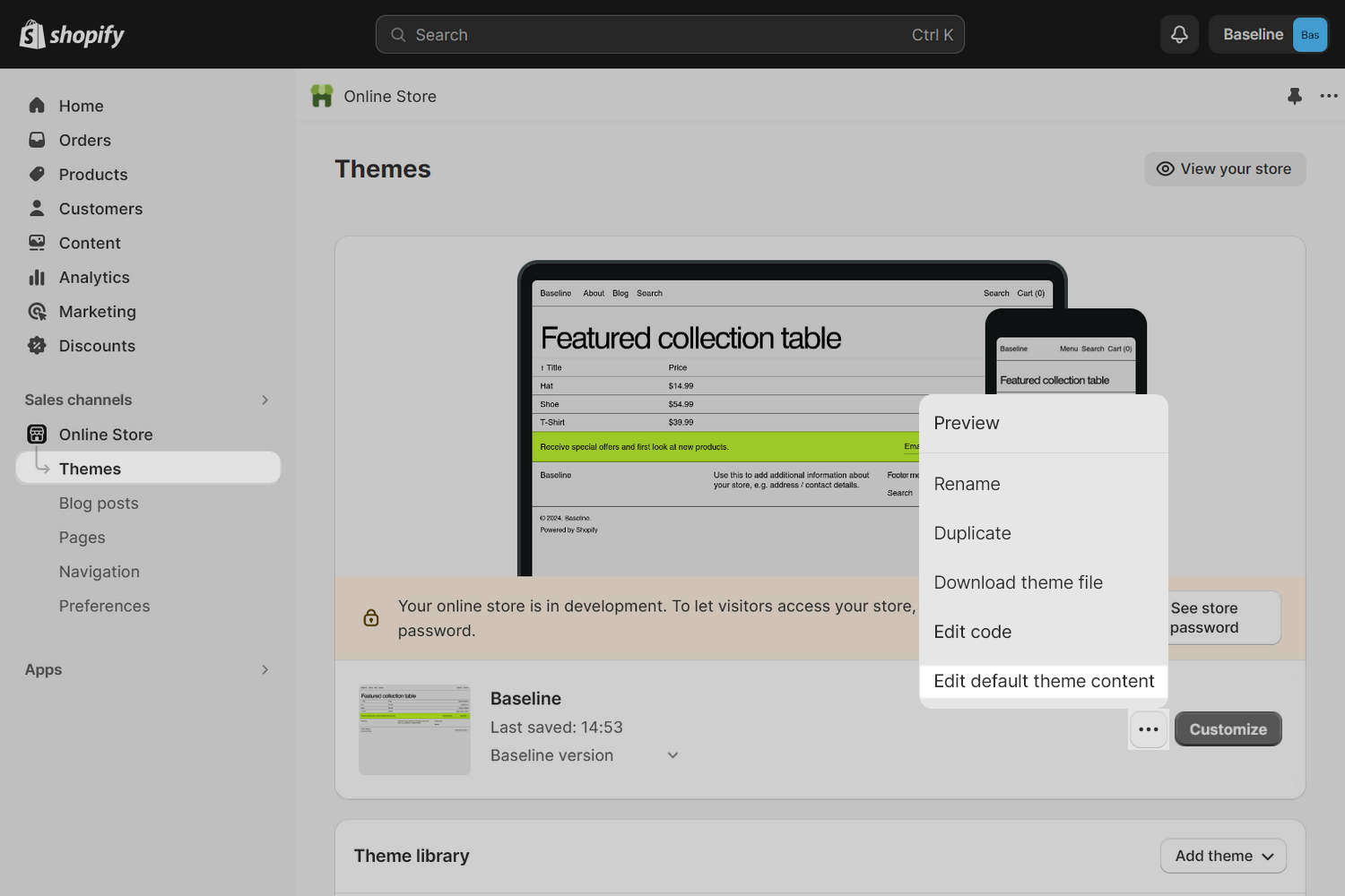 The Actions menu selected in Shopify admin.