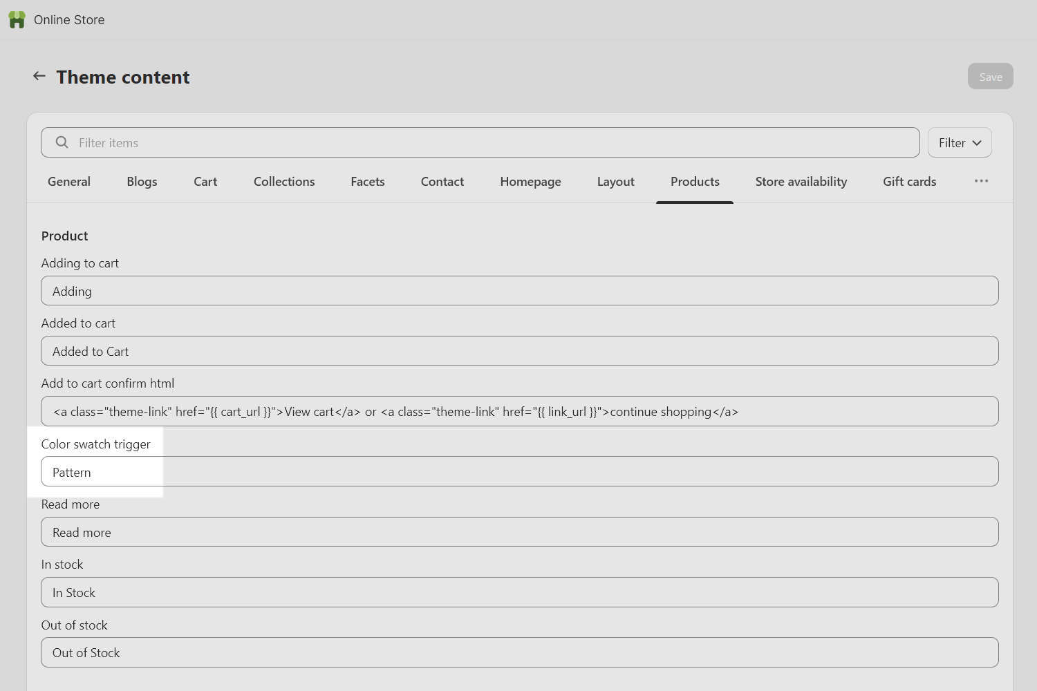 The Color swatch trigger textbox on the Theme content page in Shopify admin.