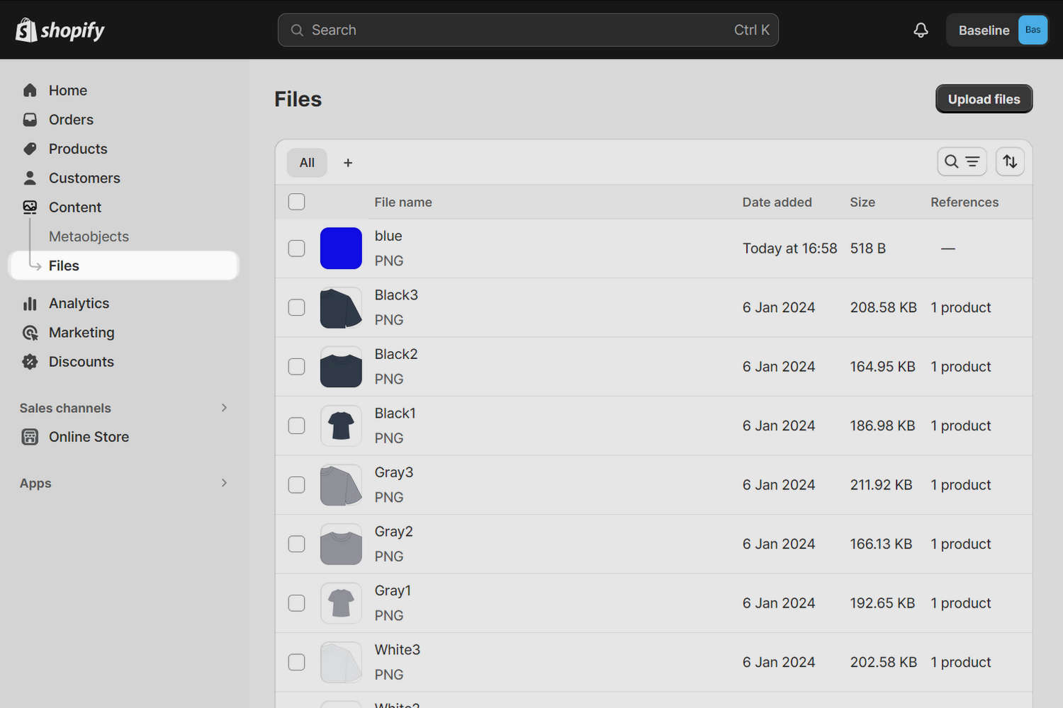 The Files menu option in Shopify admin.