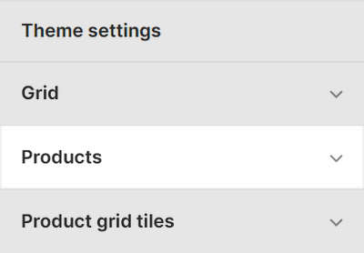 The products menu in Theme settings