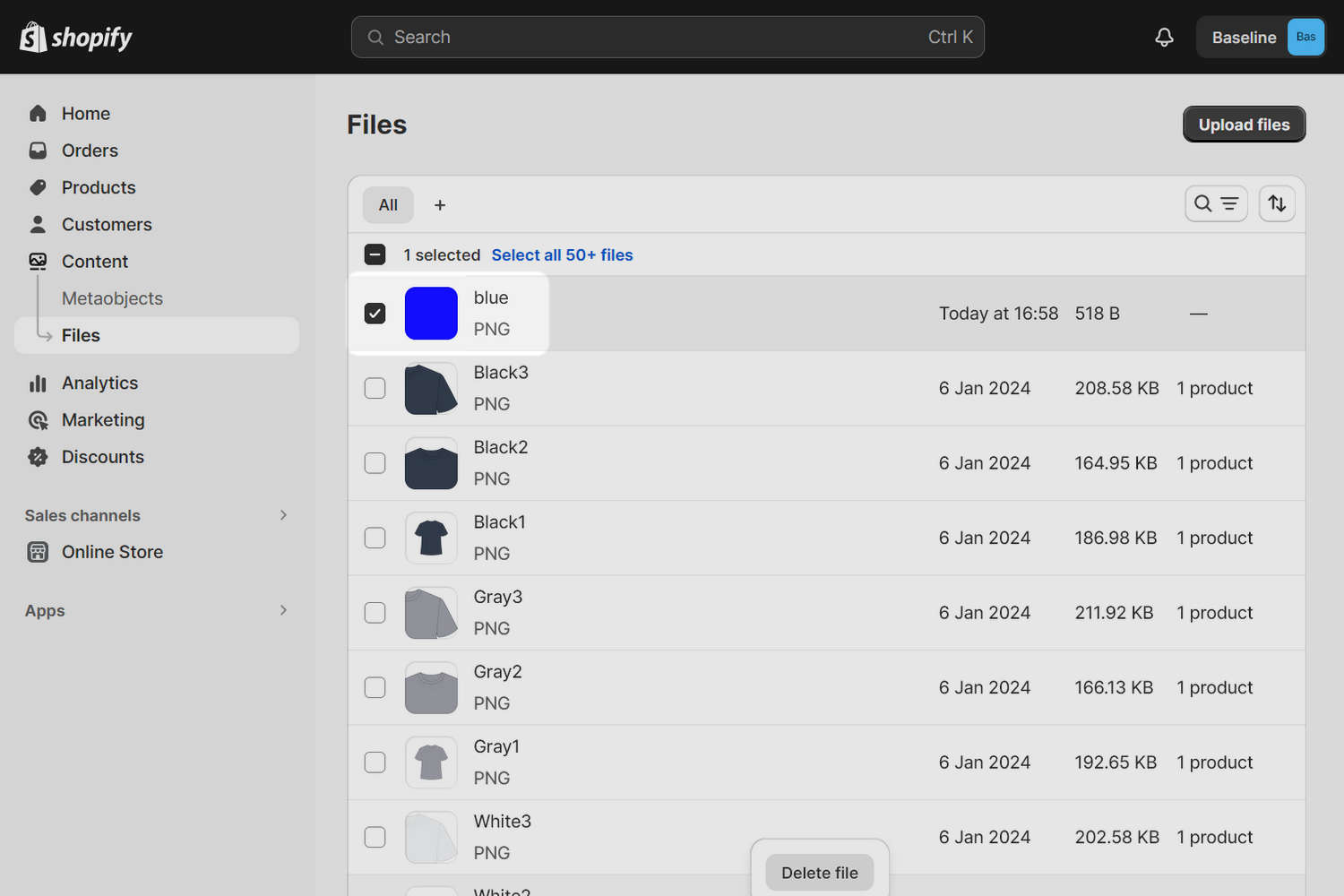 A png file uploaded and selected in the Files menu in Shopify admin.