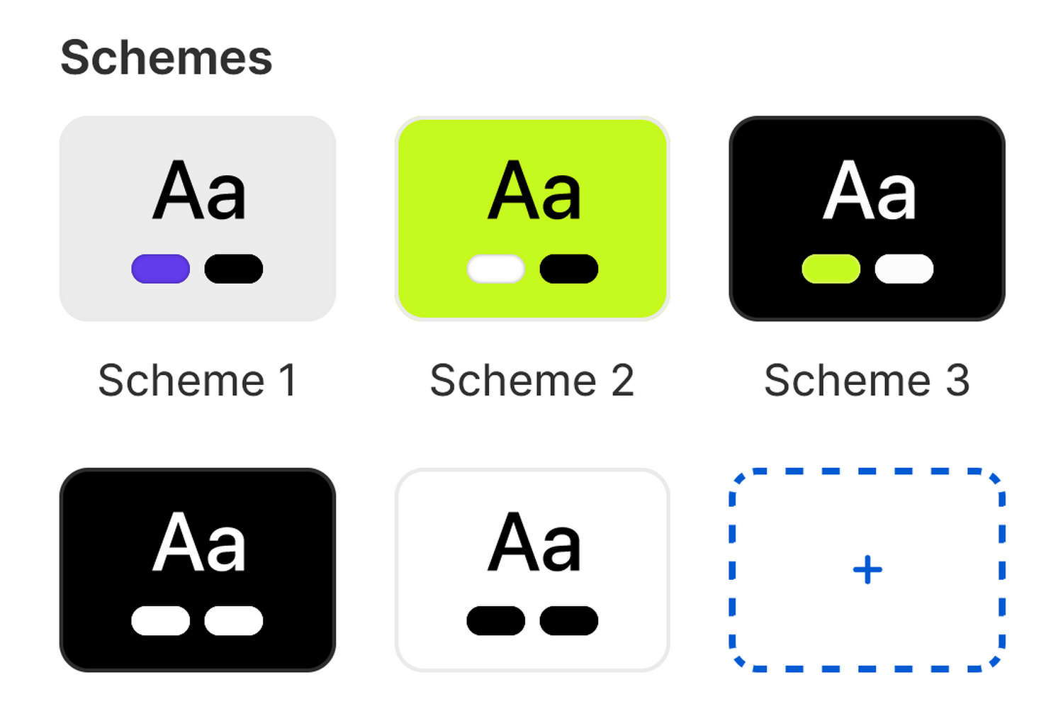 Example Color schemes listed in the Schemes pane inside Theme editor's Colors Theme settings menu.