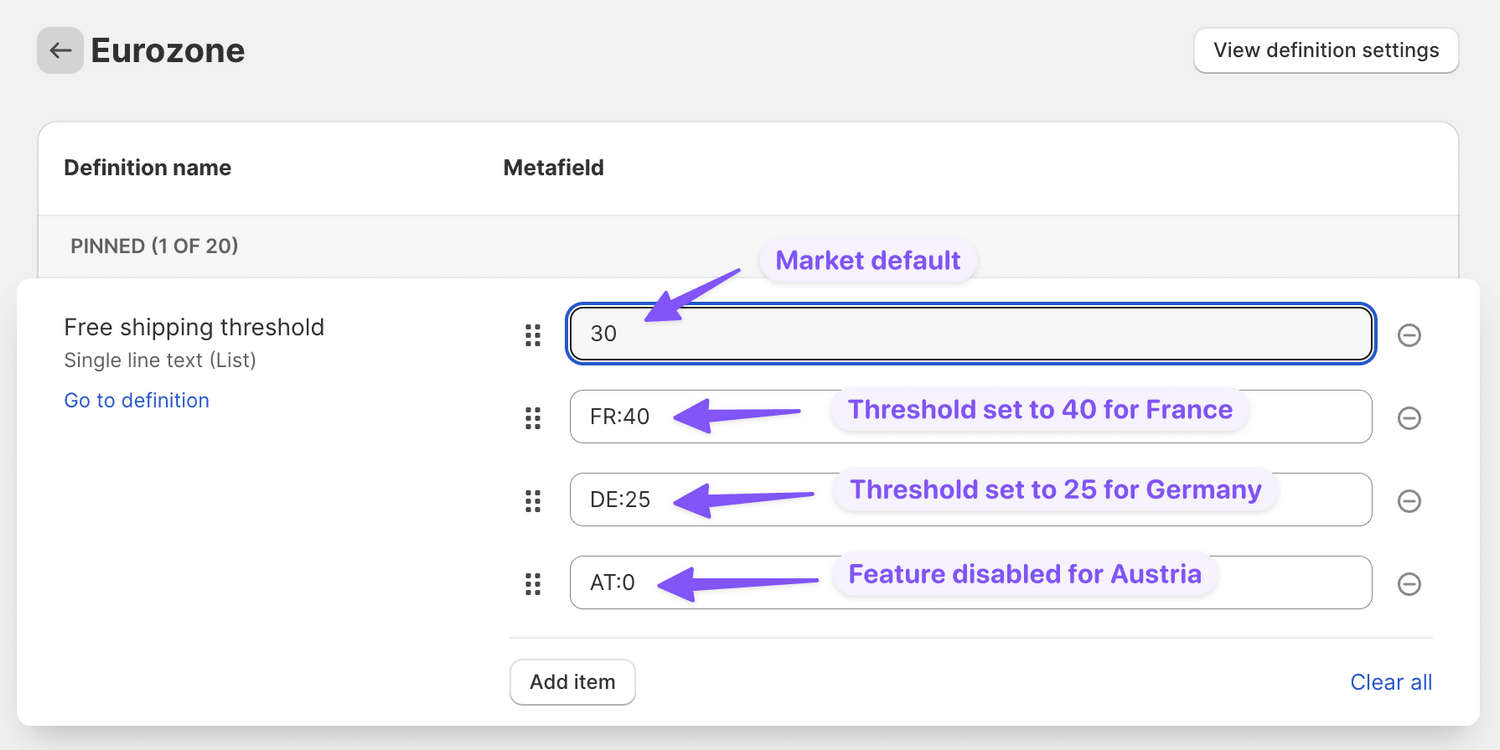 An example of a free shipping bar metafield definition.