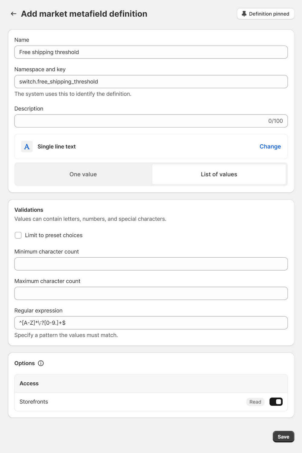 An example of a free shipping bar metafield definition.