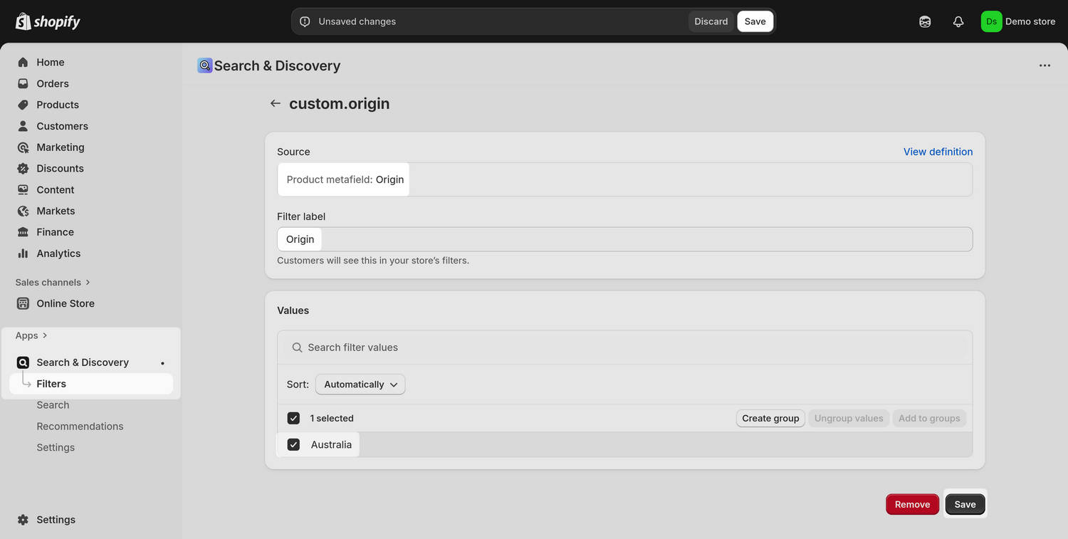 The Add filter for the page Shopify Search and Discovery app in Shopify admin.