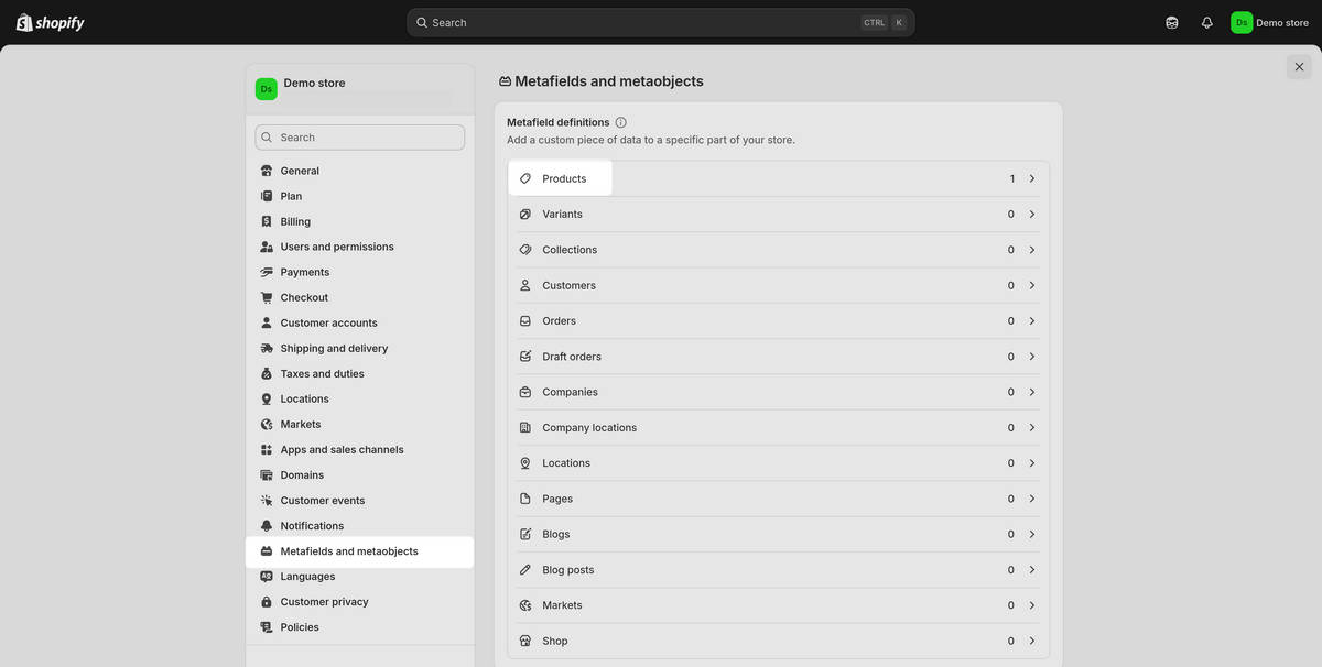 The Product Metafields and metaobjects option in the Shopify admin settings menu.