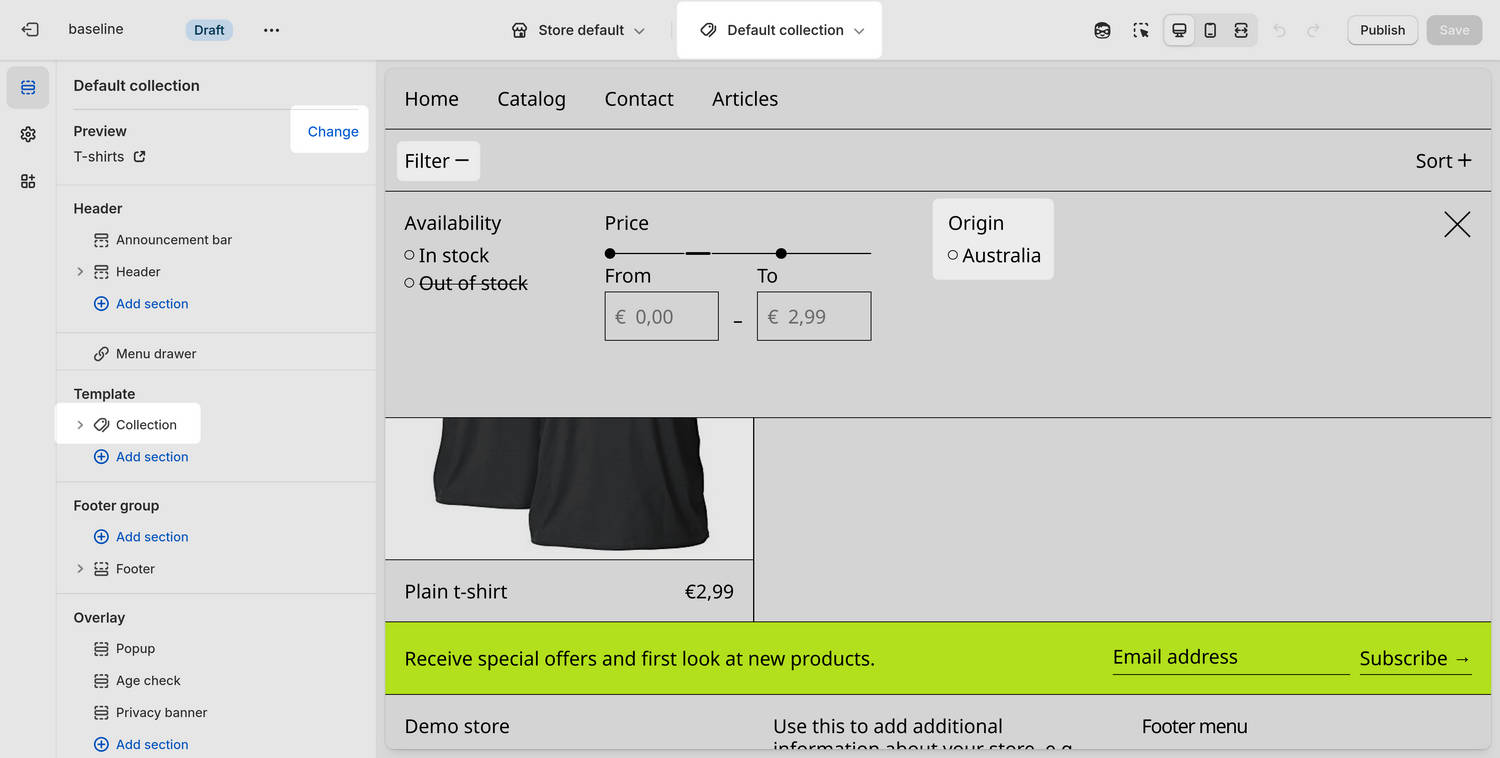 A Default collection page with the custom Origin product filter option in Theme editor.