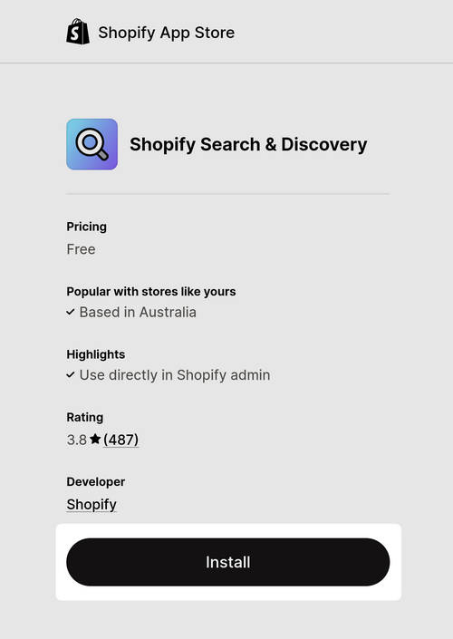 The Shopify Search and Discovery app page on Shopify's App Store.