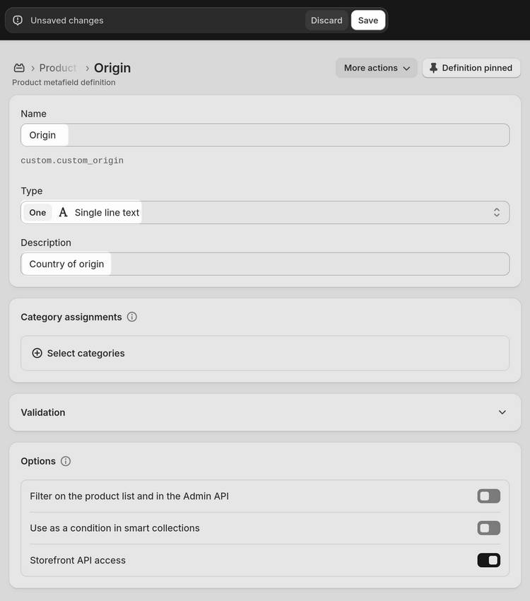The Add product metafield definition page in Shopify admin.