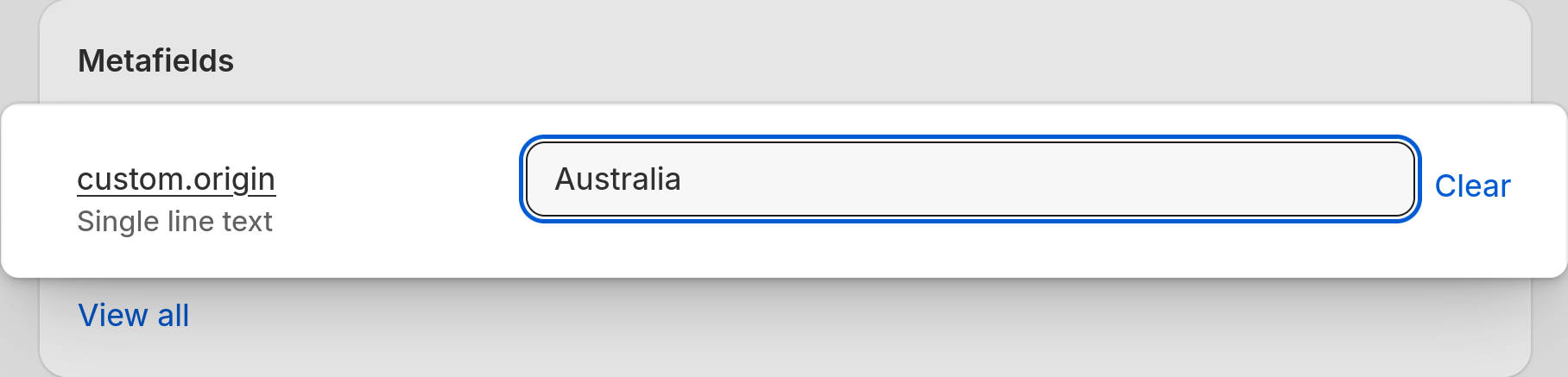 A value added to a custom product metafield in Product editor.
