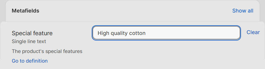 An example metafield with values in Shopify's Product editor.