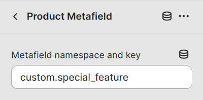 The Product metafield block's Metafield namespace and key setting in Theme editor.