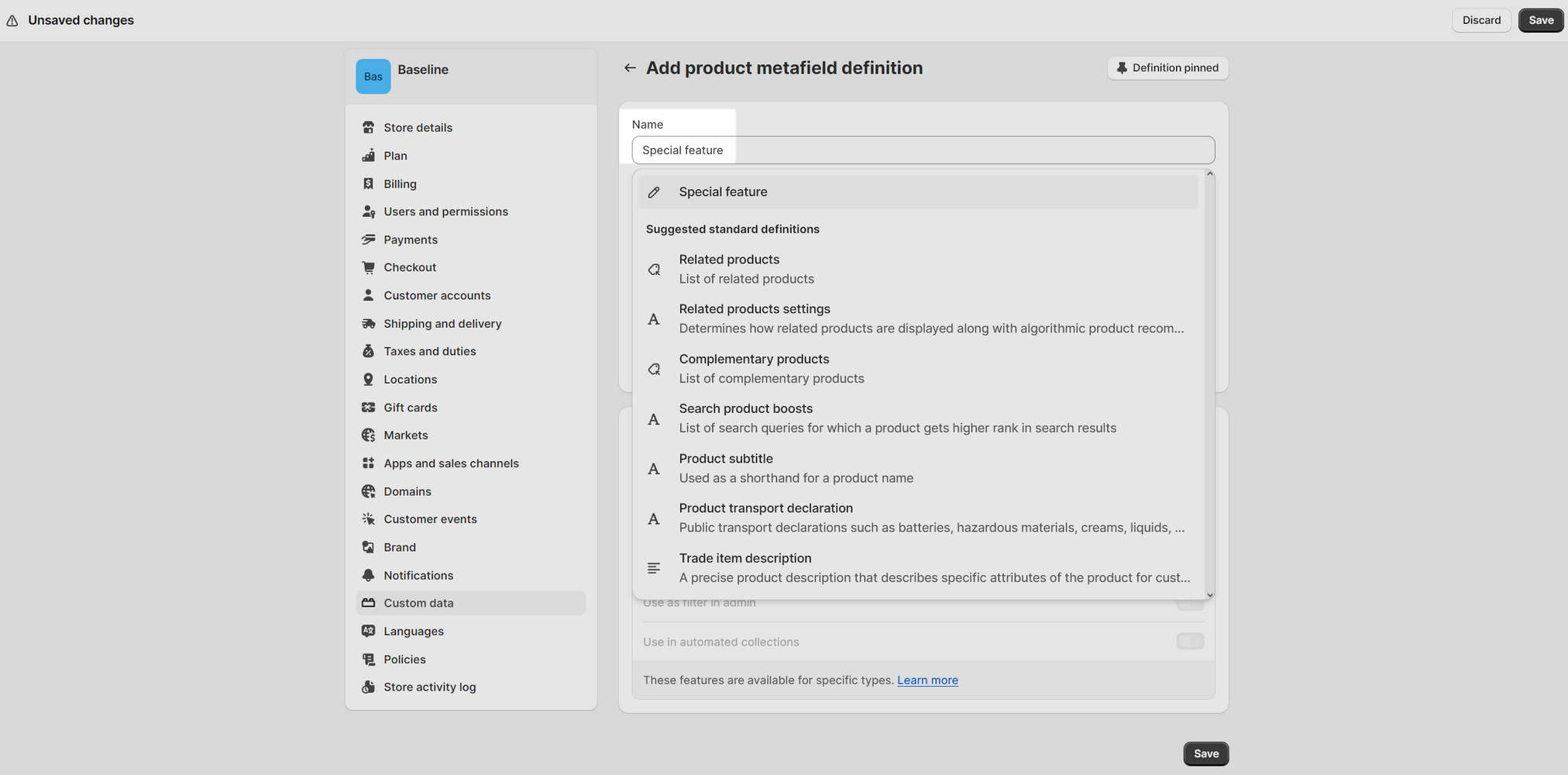 A completed Name field for an example product metafield definition in Shopify admin.