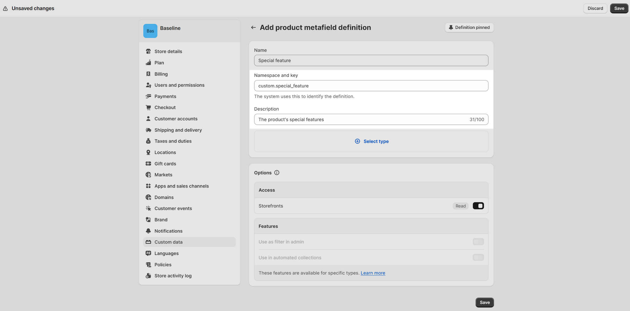 Completed Namespace and key, and Description, fields for an example product metafield definition in Shopify admin.