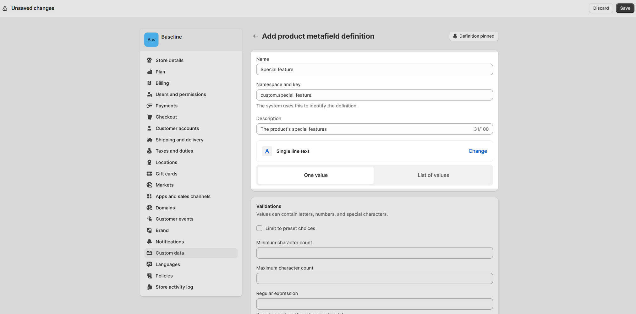An example product metafield definition in Shopify admin.