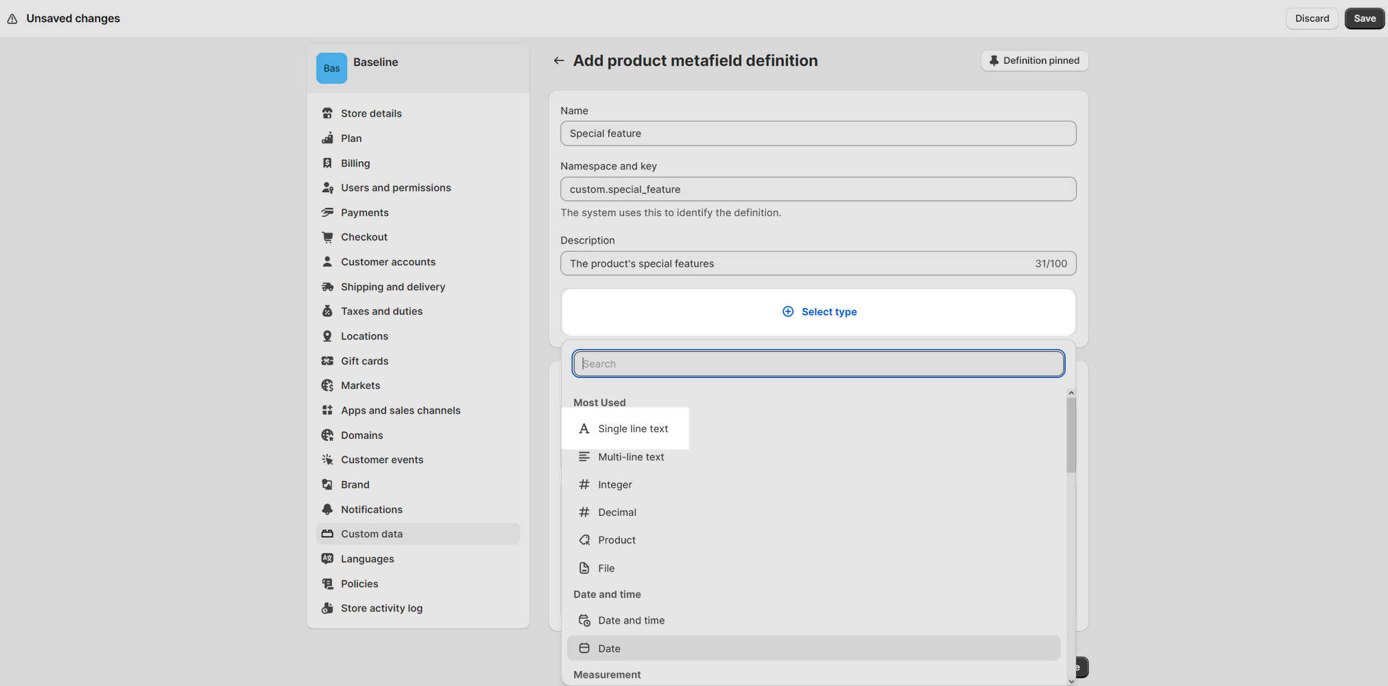 The Single line text type selected for an example product metafield definition in Shopify admin.