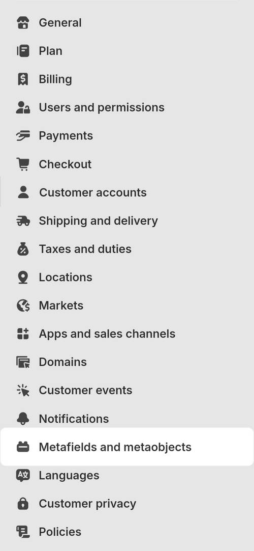 The Settings menu in Shopify admin.