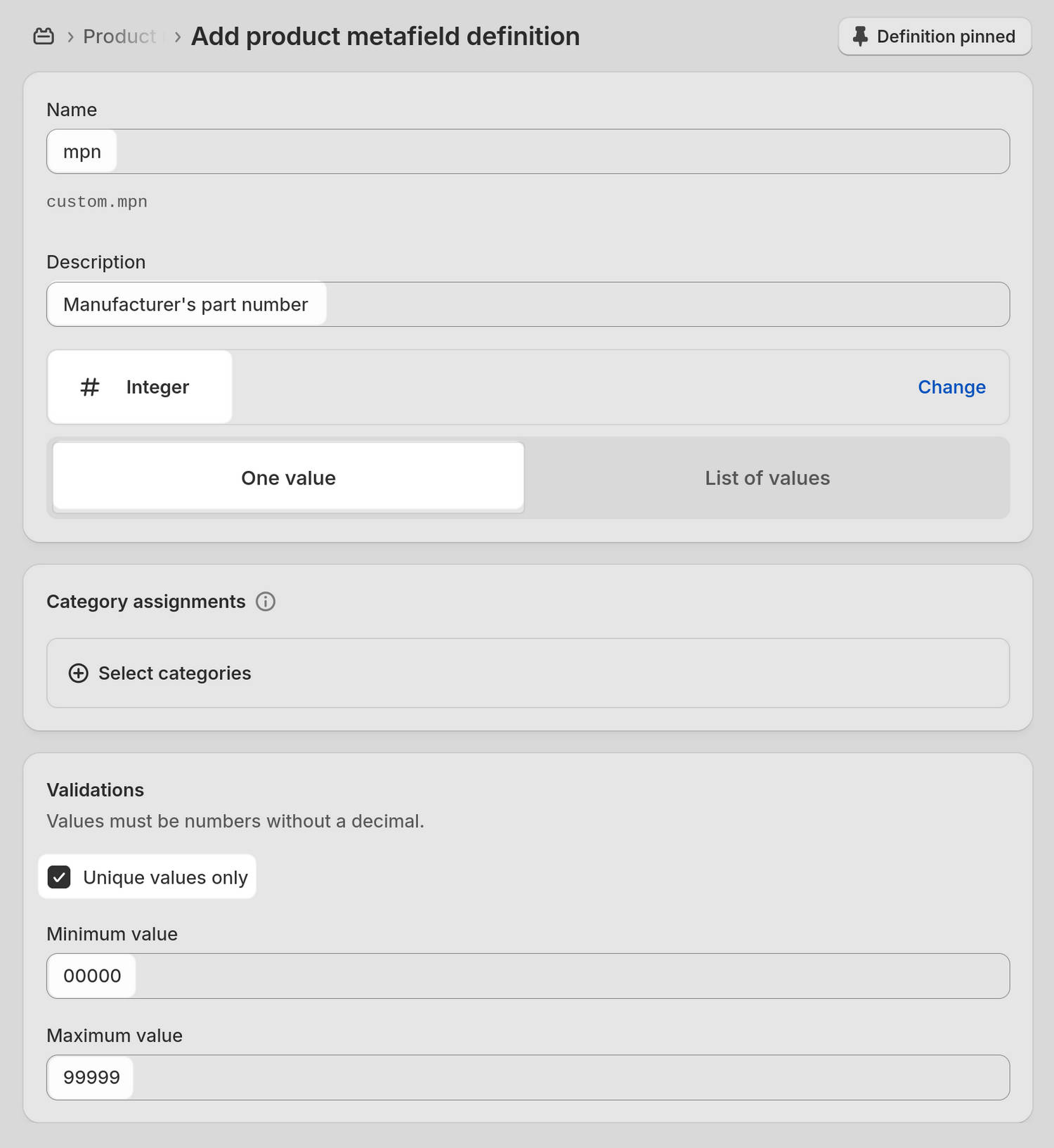 An example of a completed metafield definitions page in Shopify admin.