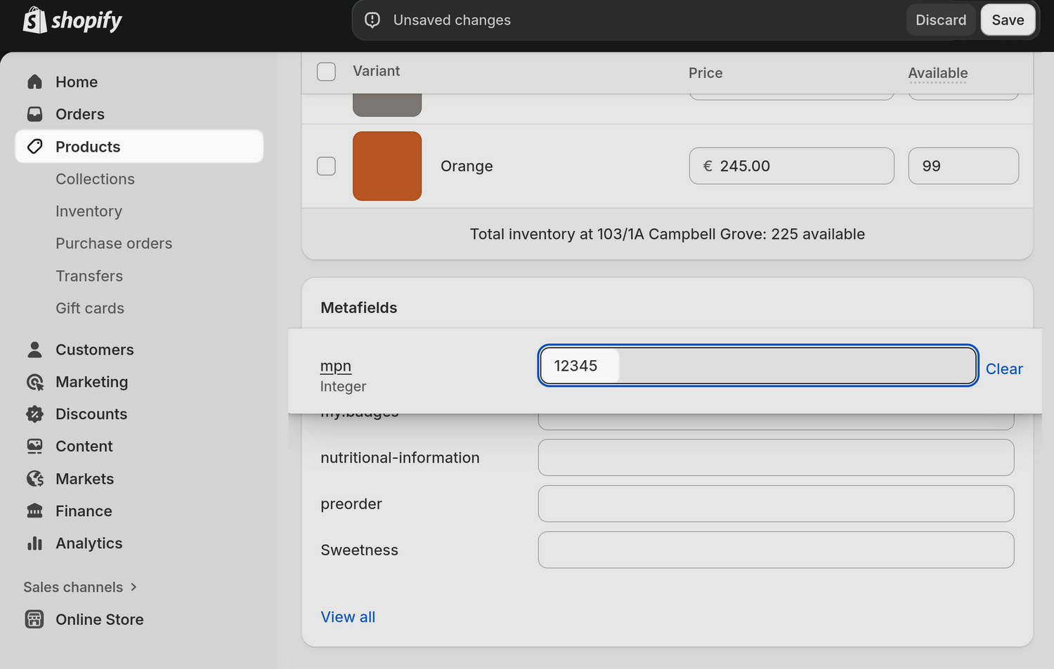 Example values in the metafields area for a product in Shopify's Product editor.