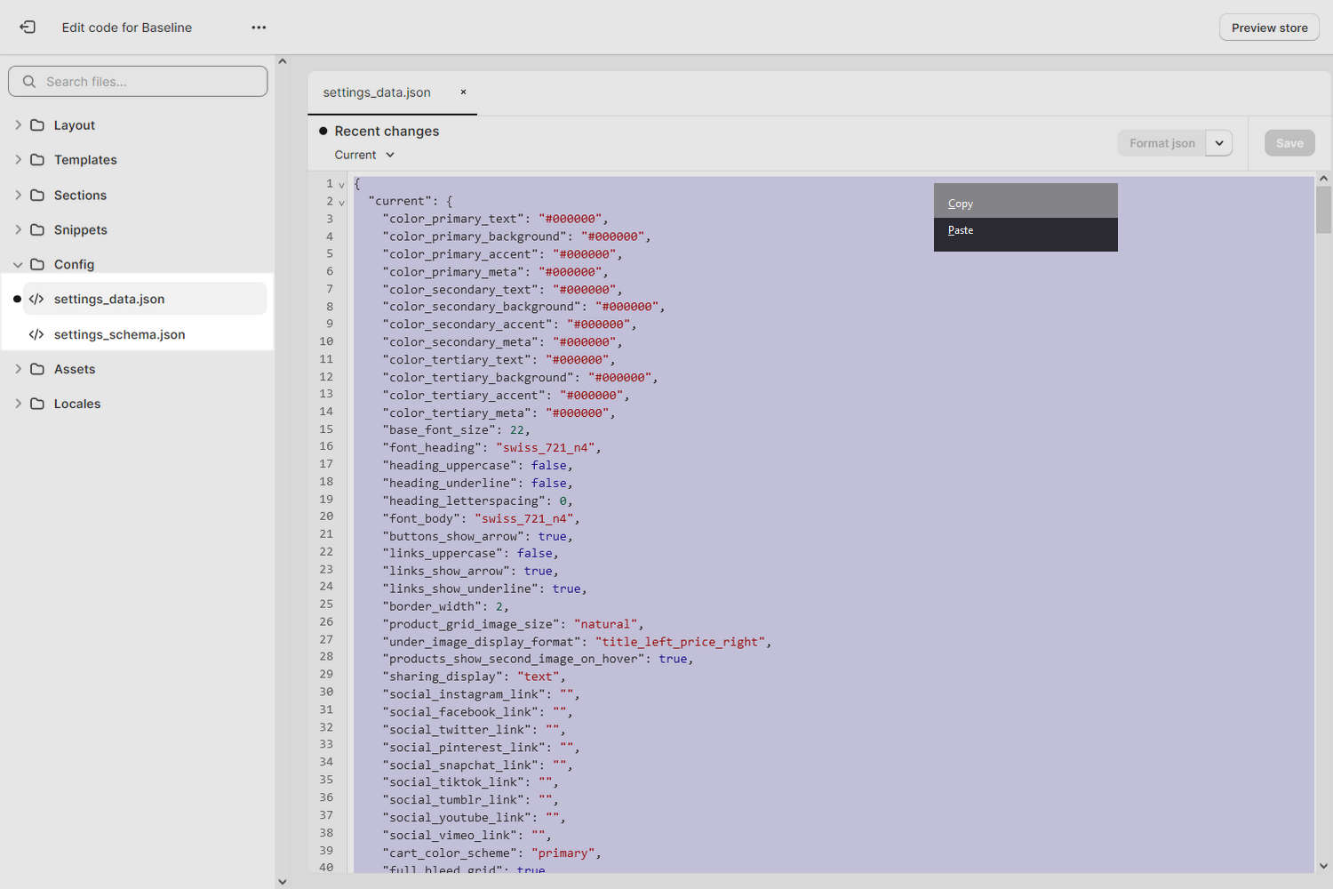 A file open in the Shopify Code editor with the copy option selected.