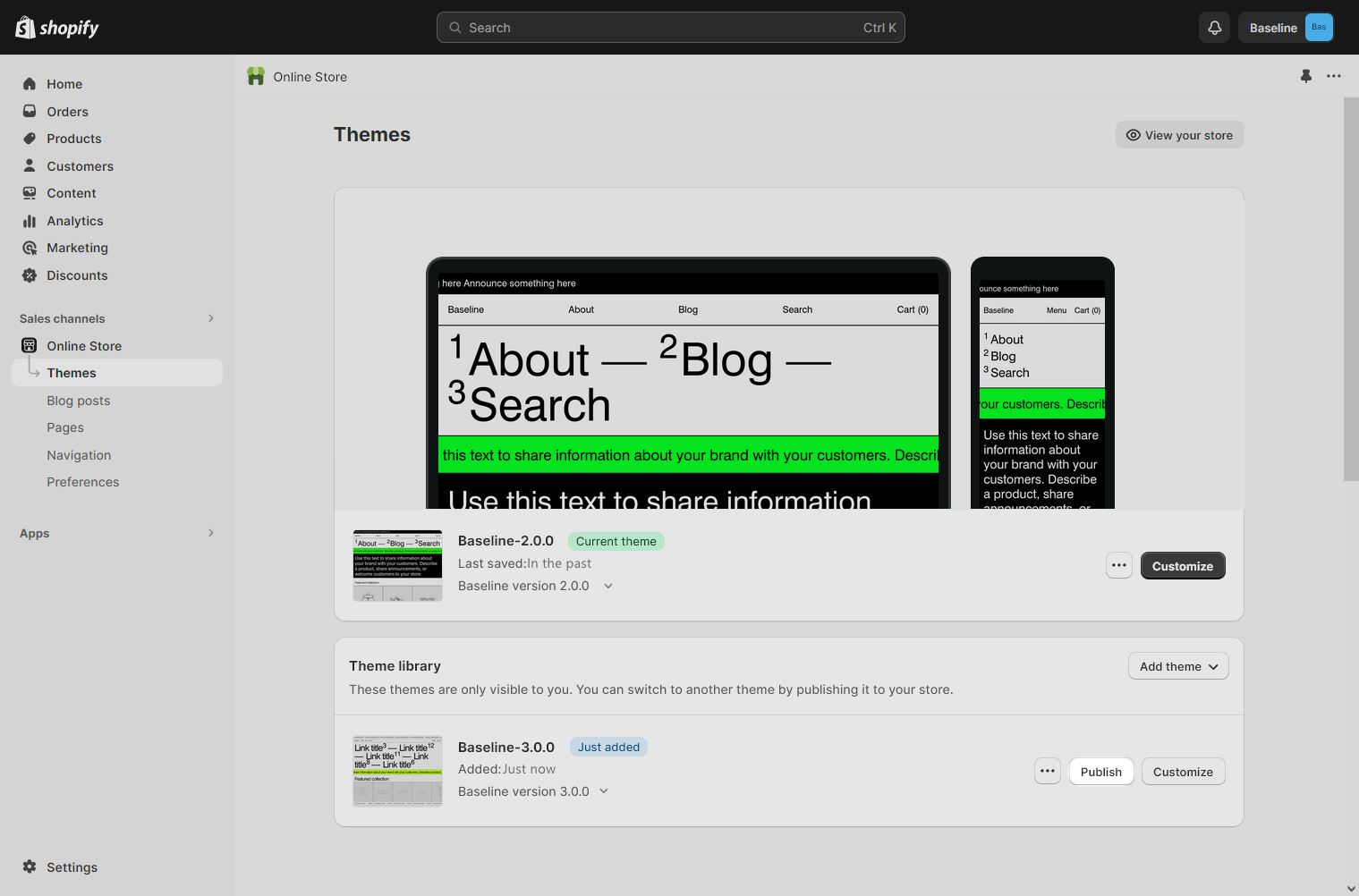 The publish theme option selected in Shopify admin.