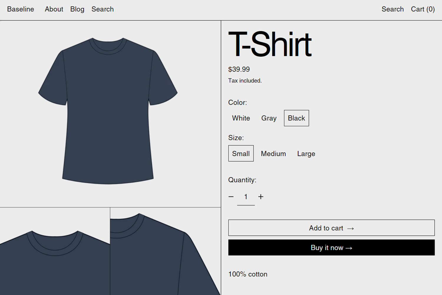 An example product with variants on a store's Default product page.