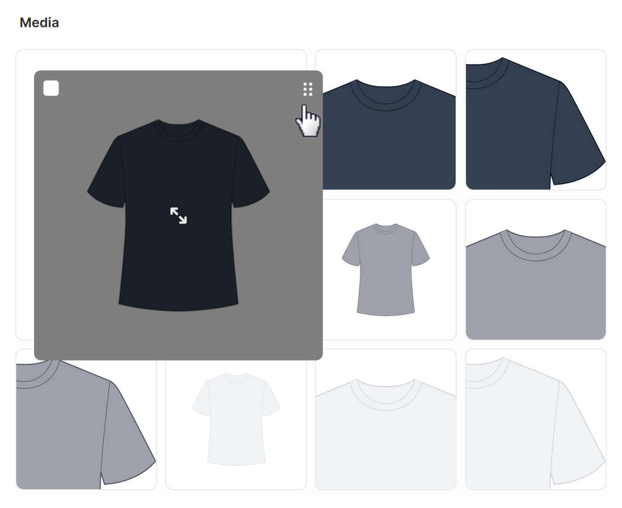 Media items in Shopify's Product editor with the drag and drop feature selected.