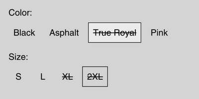 An example store page with strike-through text and a sold out label applied the title text for one of the store's products.