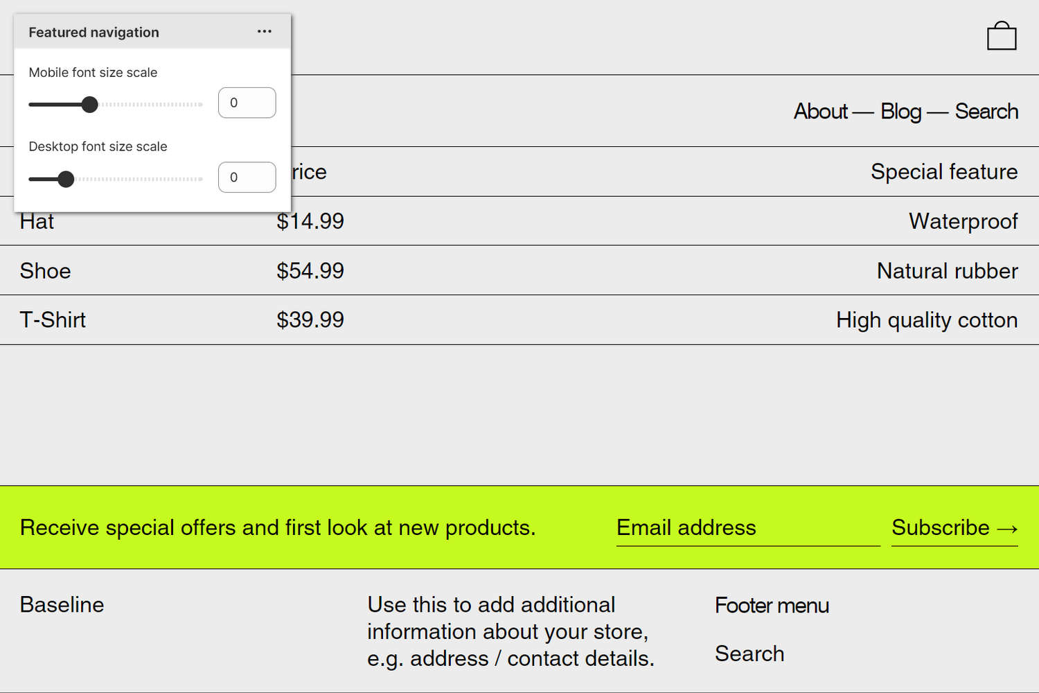The font size sliders for a Featured navigation section in Theme editor,