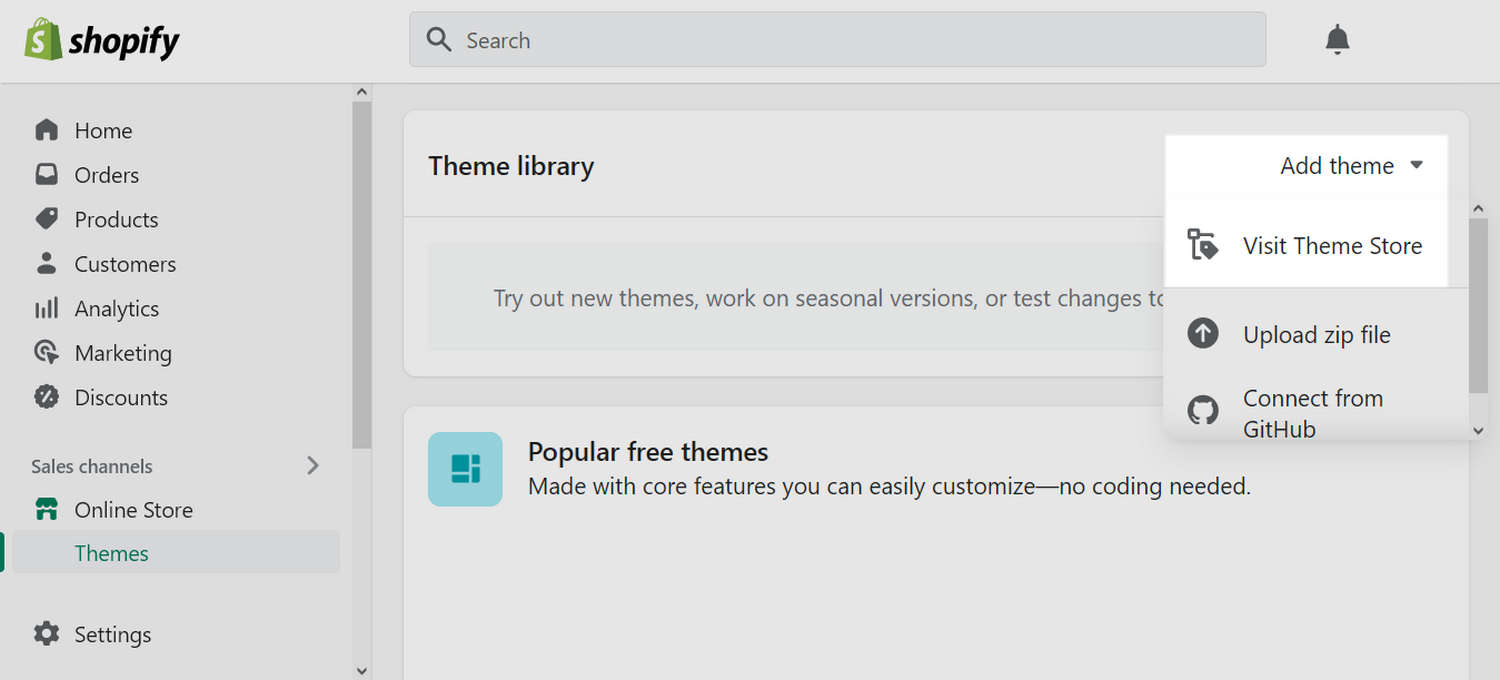Shopify admin's Add theme dropdown.