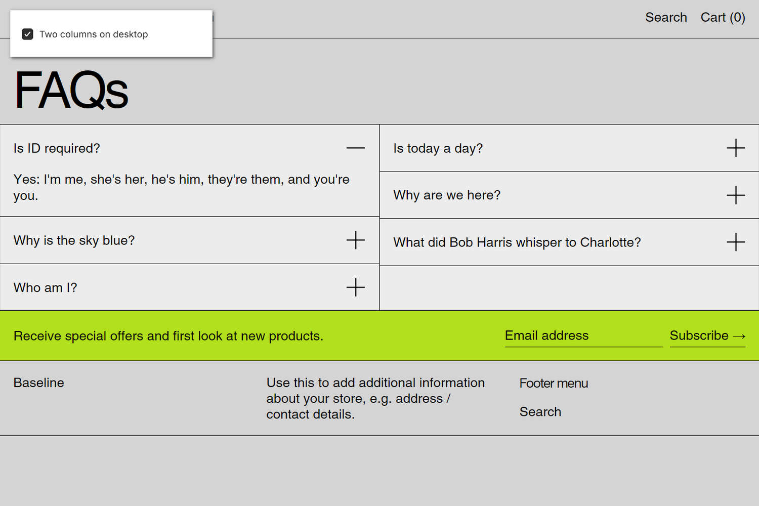 An example FAQ section on a store's home page.