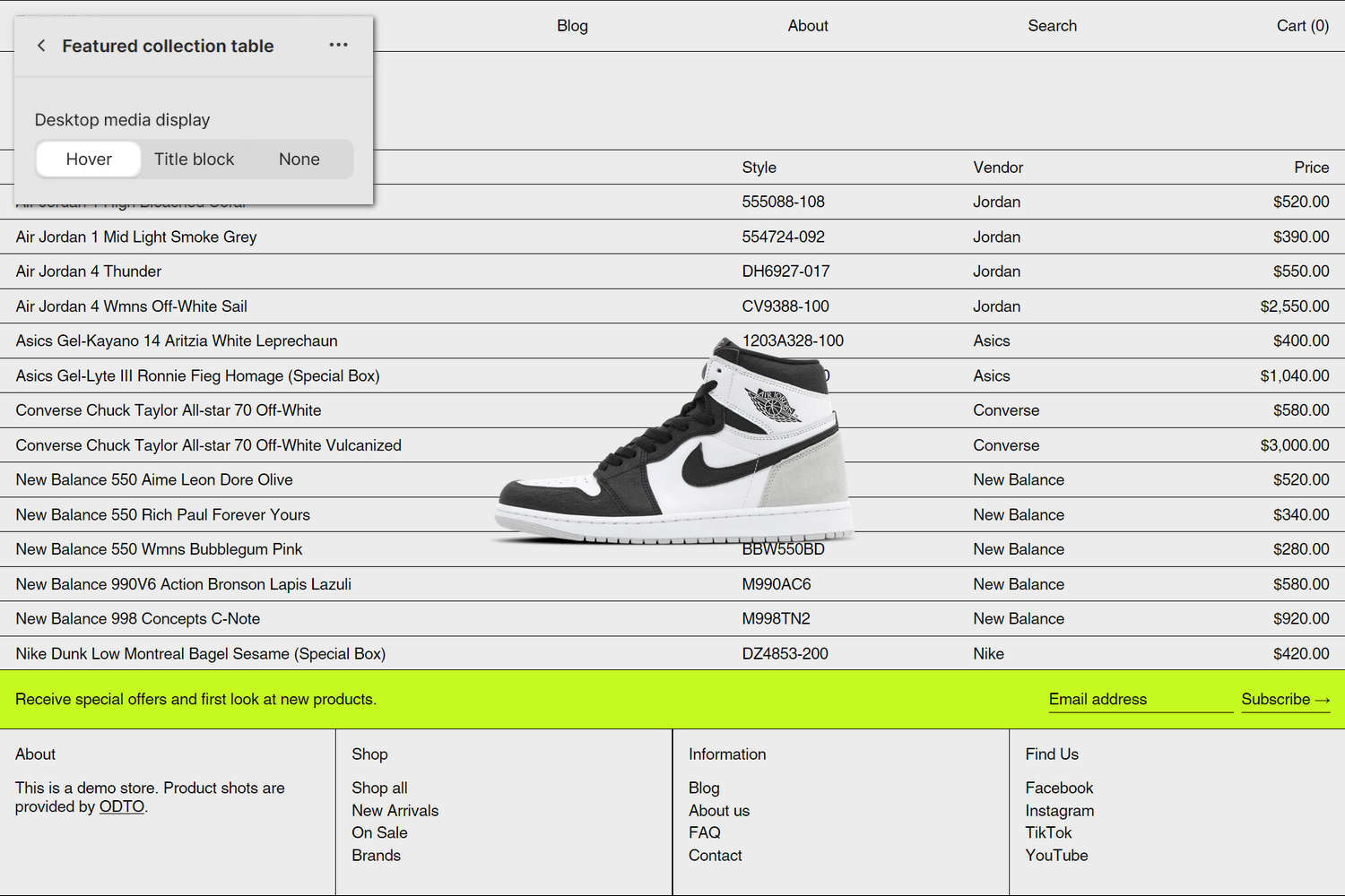 An example Featured collection table section on a store's home page.