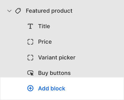 The add block options for the Featured product section in Theme editor.