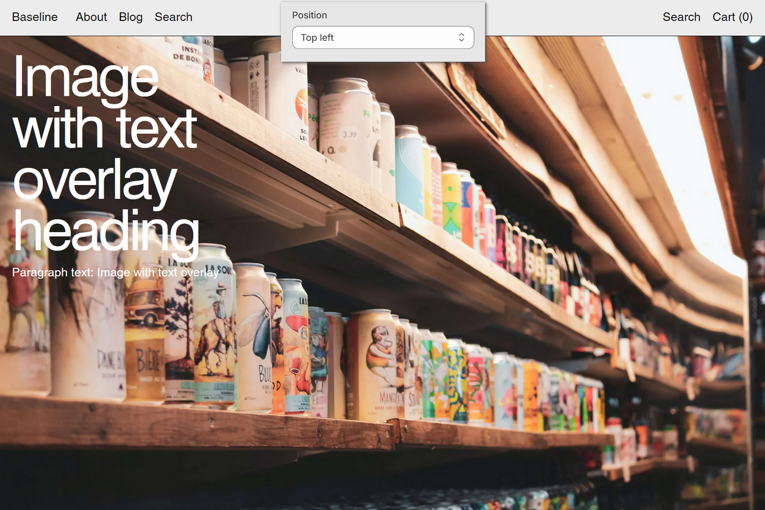 An example Image with text overlay section on a store's home page.