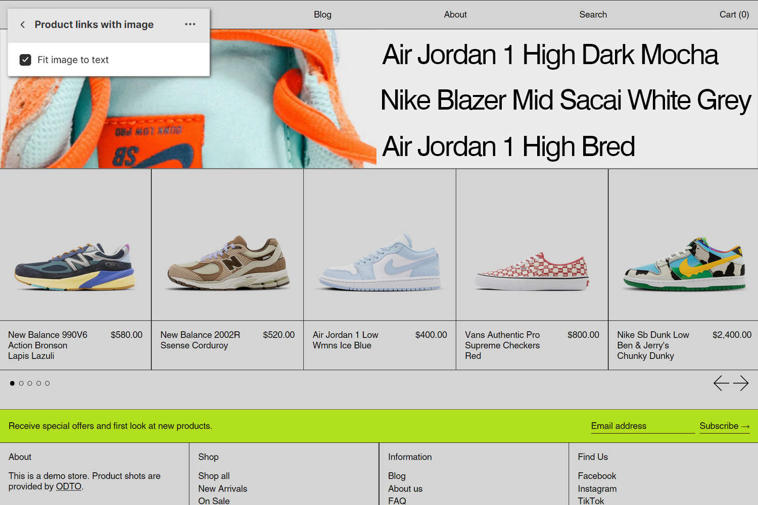 An example Product links with image section on a store's home page.
