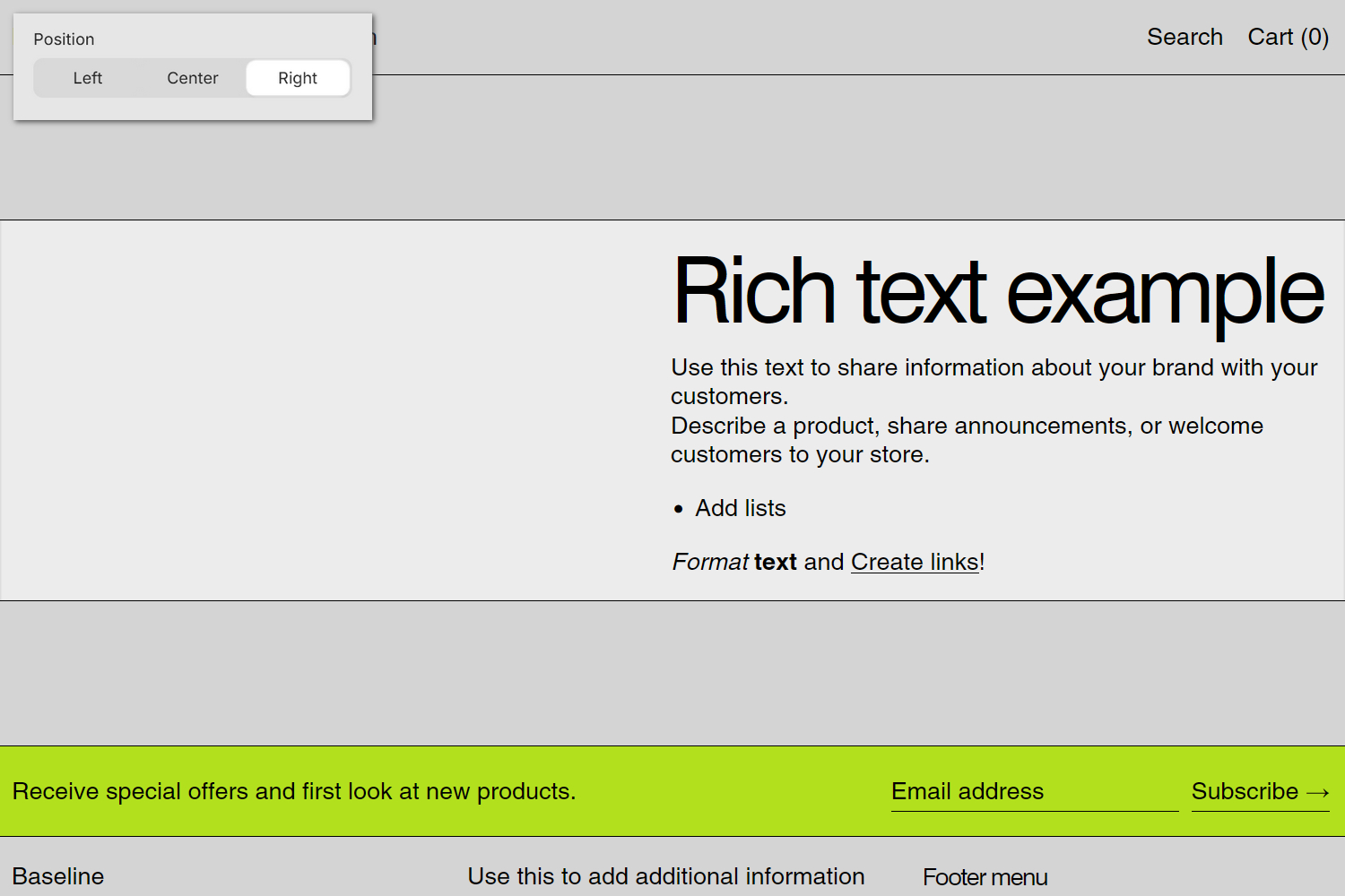 An example Rich text section on a store's home page.