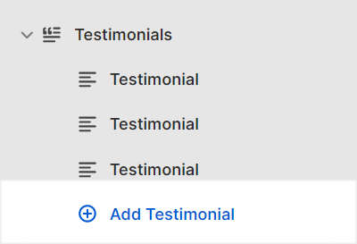 The add testimonial block menu in Theme editor.