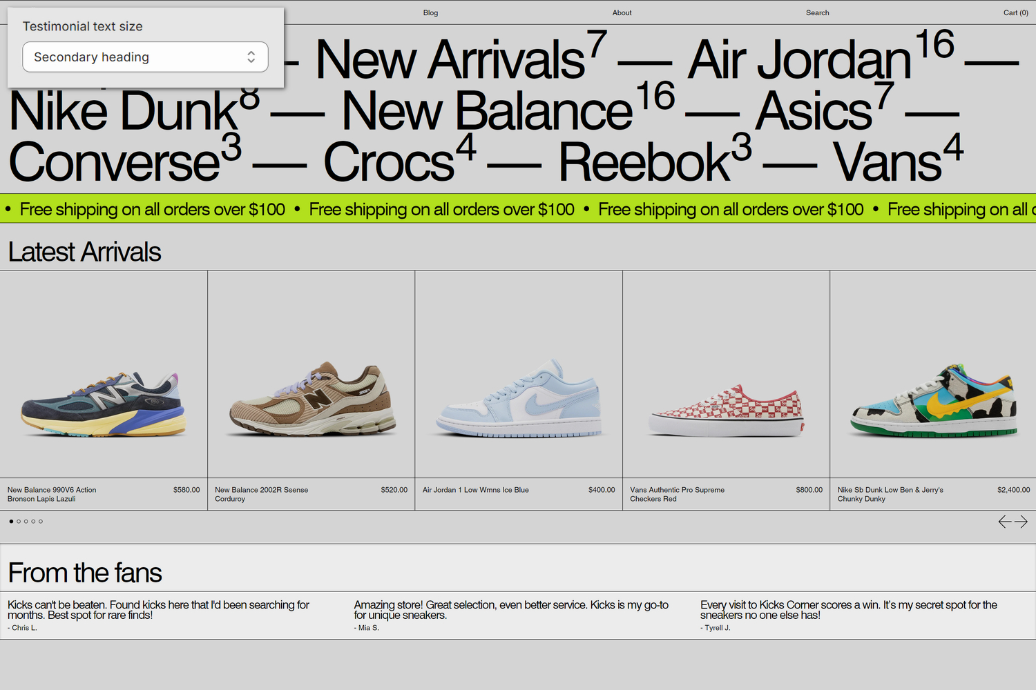 An example Testimonials section on a store's home page.