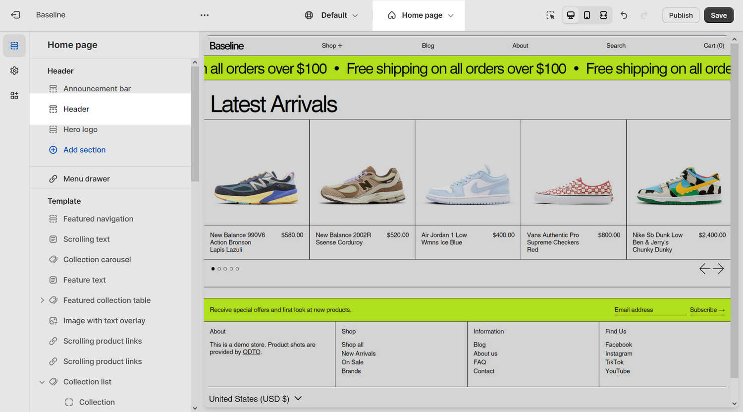 The Header section selected on the home page template in Theme editor.