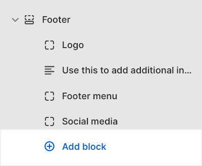 The Footer's Add block menu in Theme editor.