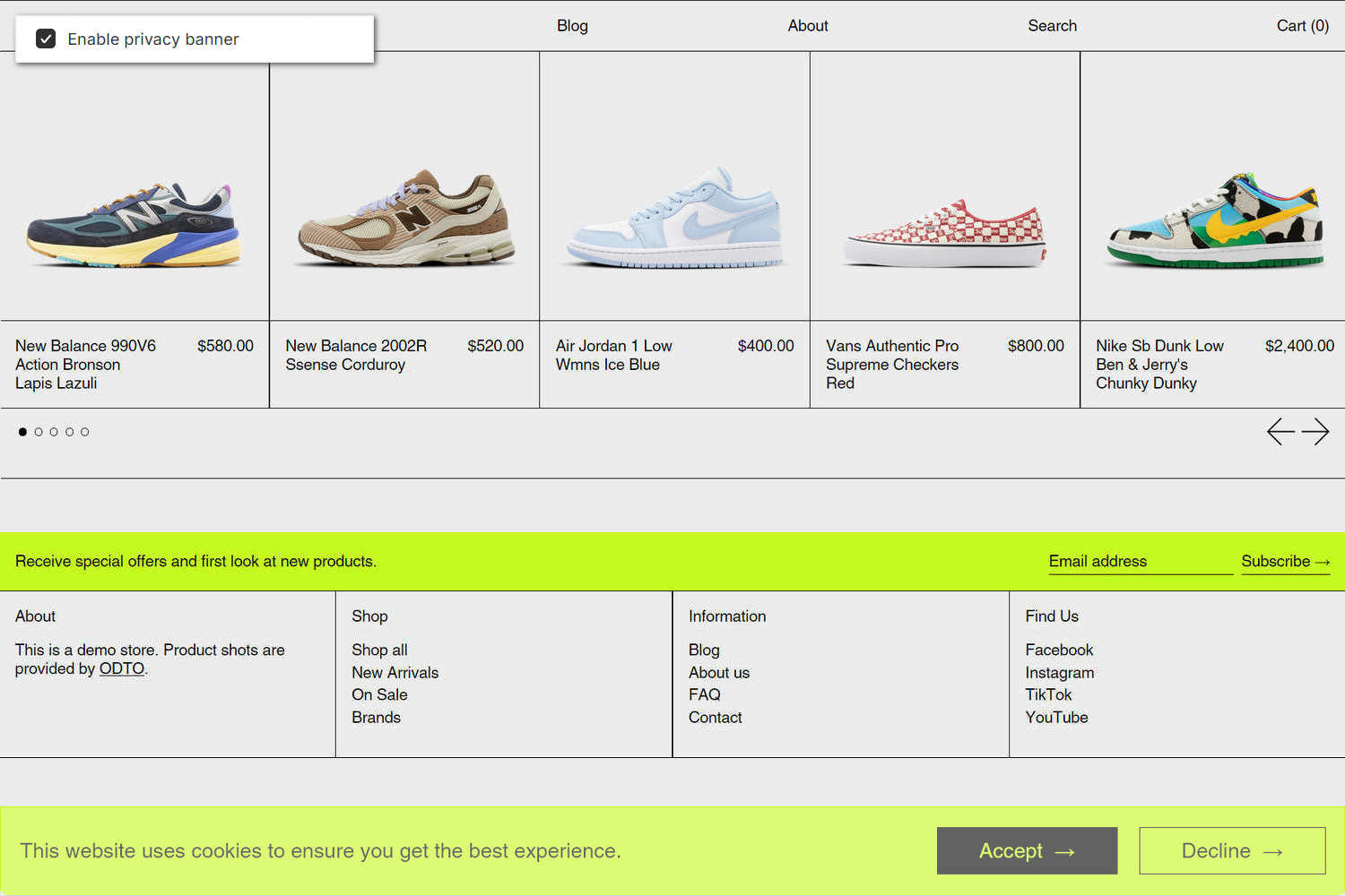 An example Privacy banner section on a store's home page.