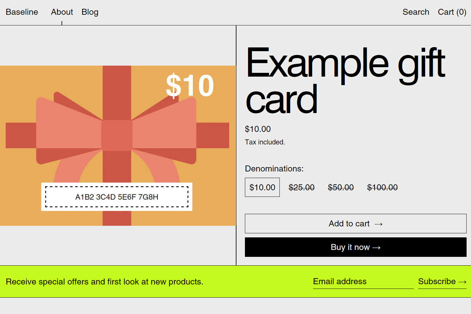 A Gift card section on a store's Gift card page.