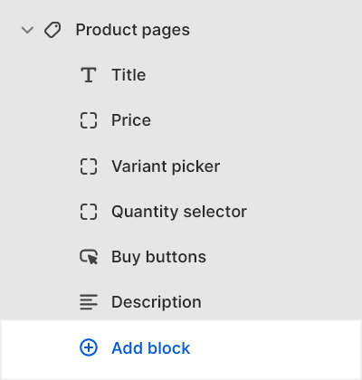 The add block options for the product pages section in Theme editor.