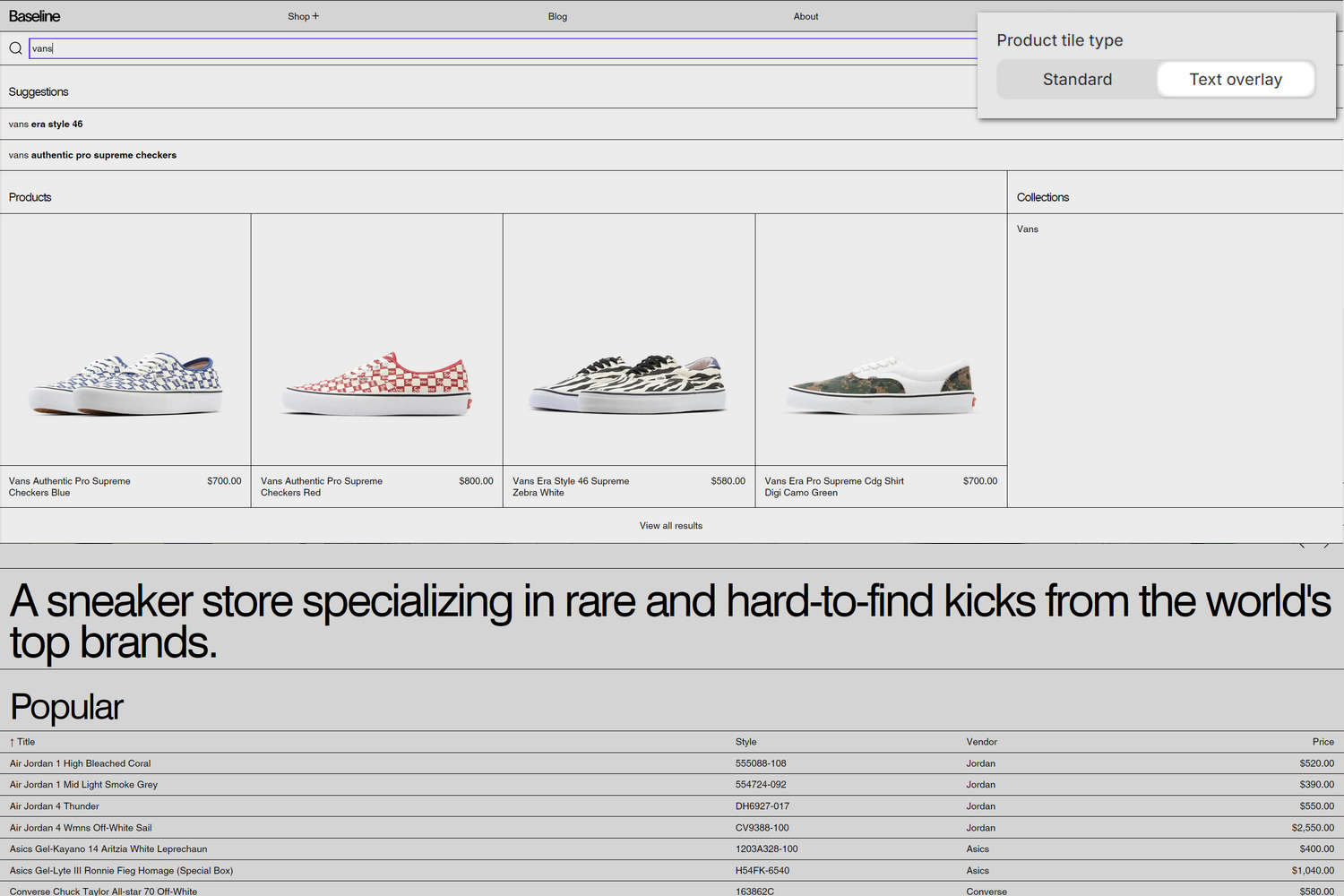 An example Search results section on a store's page.