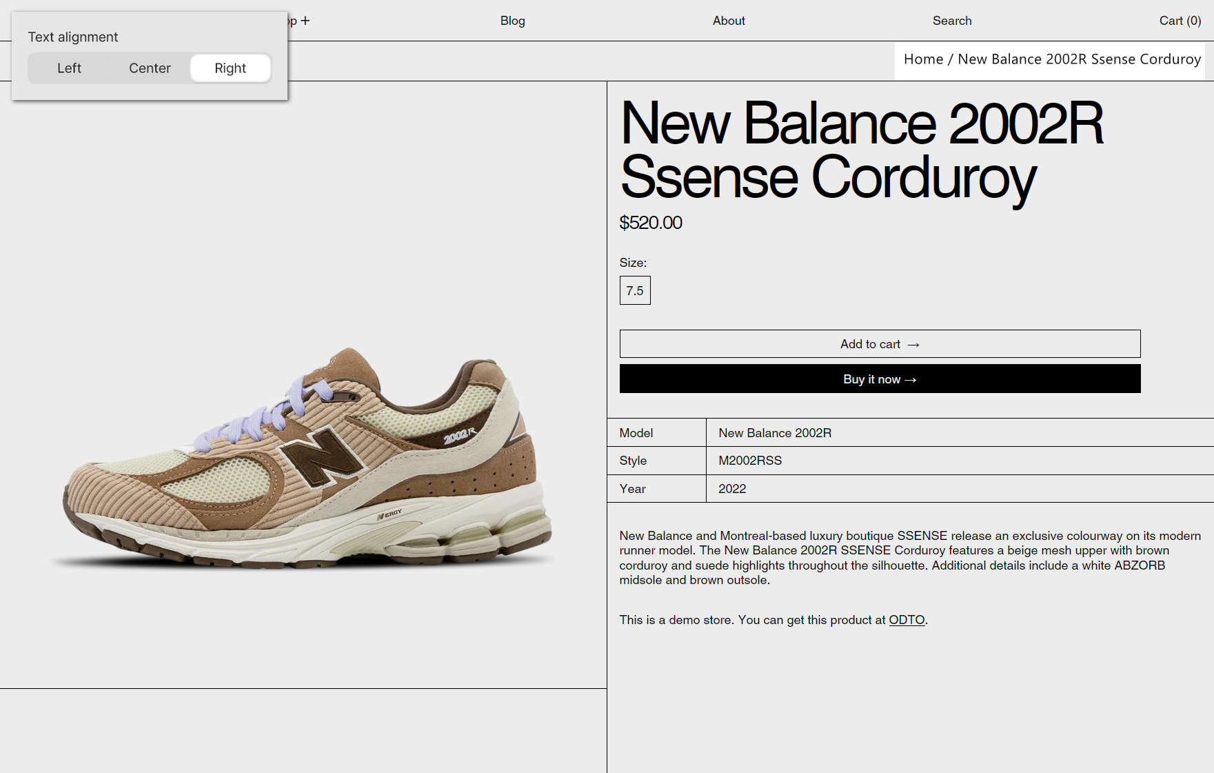 An example store's product page with the Theme setting's Breadcrumbs menu open in Theme editor.