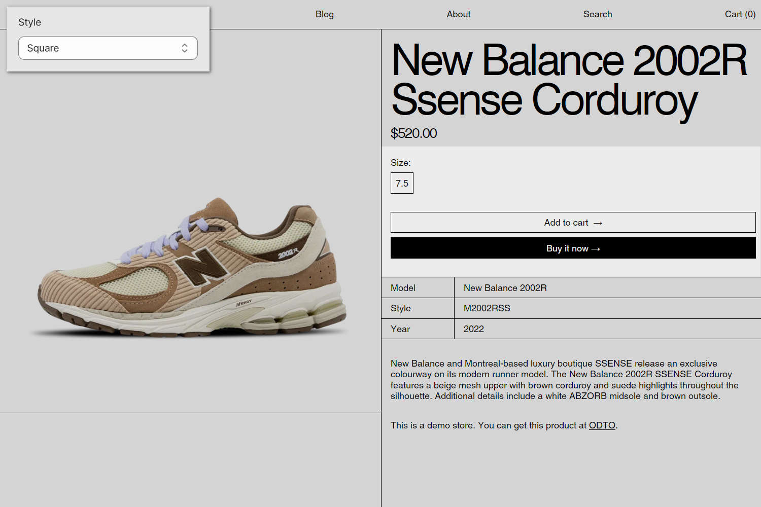 An example store's home page with the Theme setting's Buttons menu open in Theme editor.