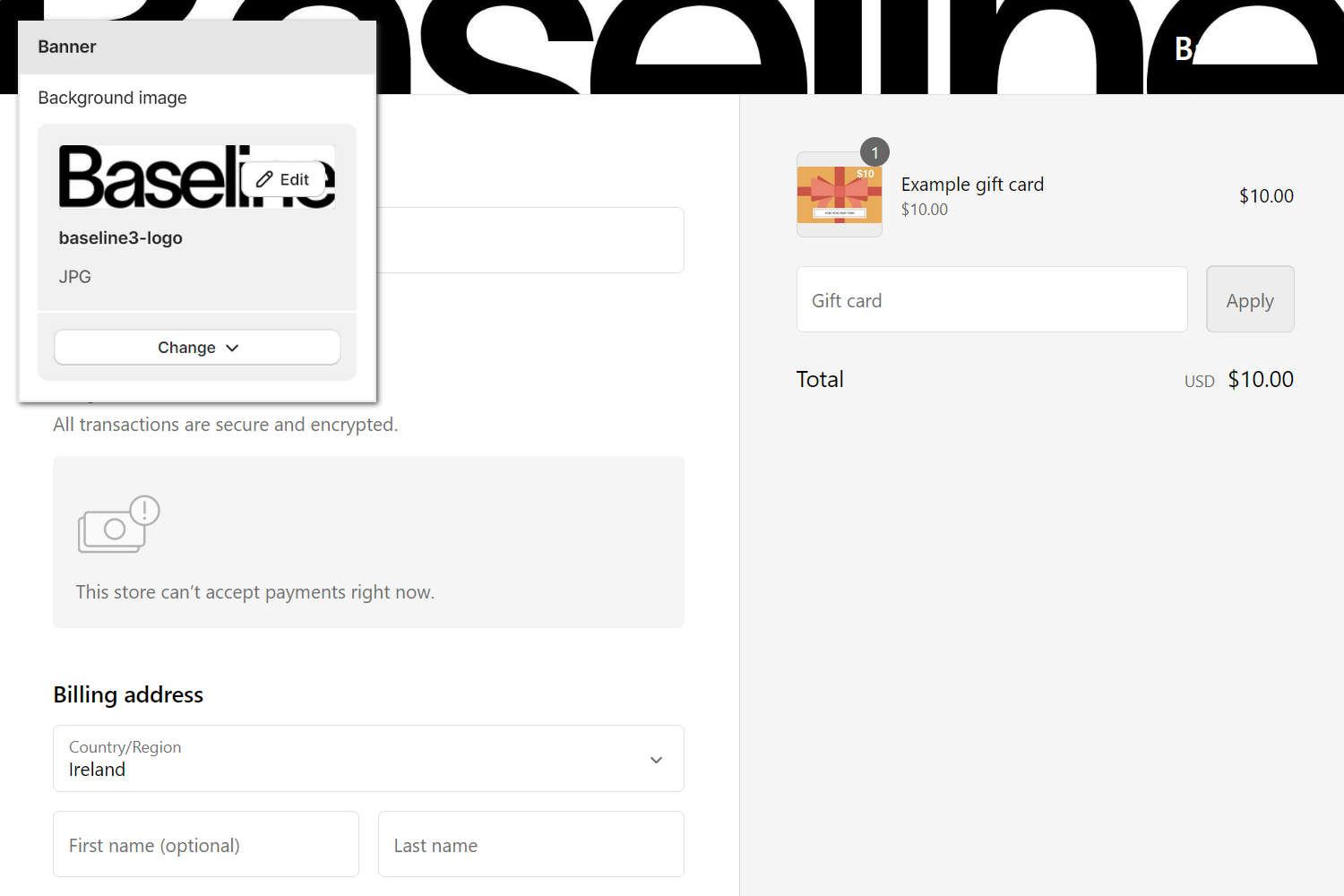 An example store's home page with the Theme setting's Checkout menu open in Theme editor.